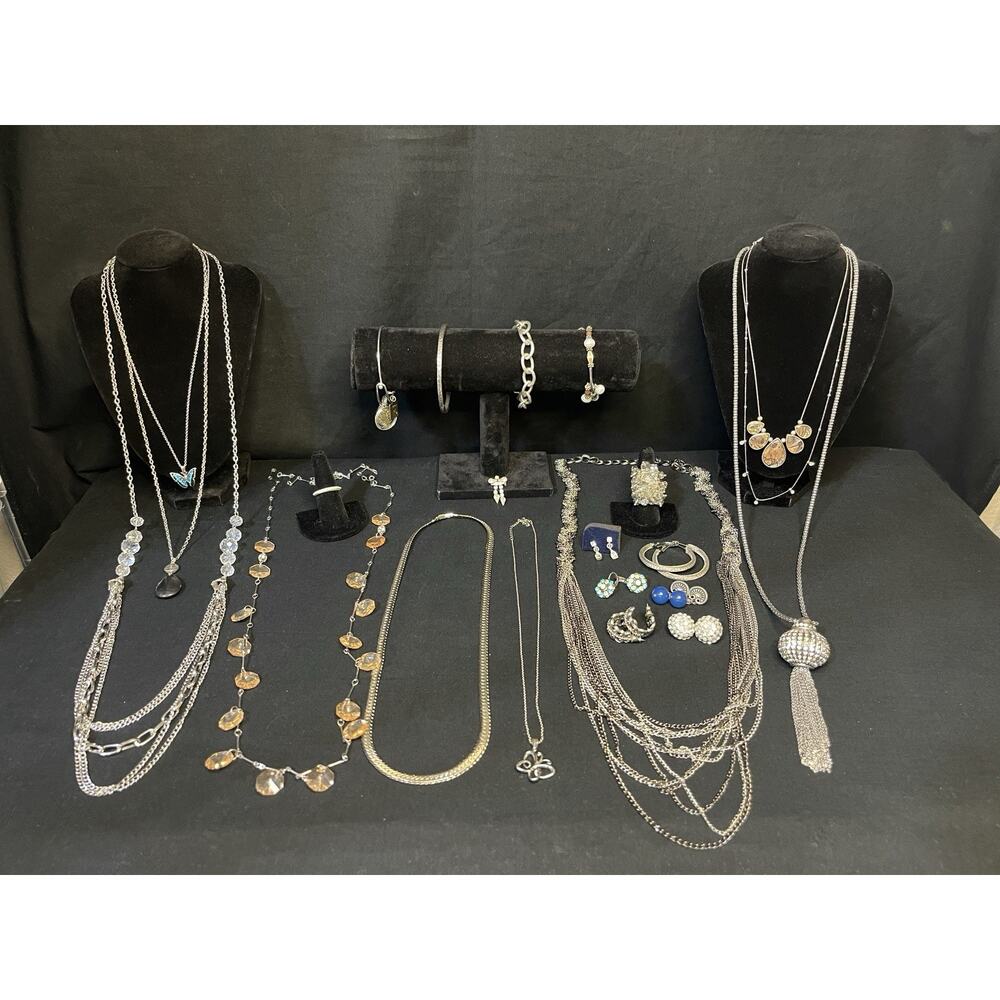 Vintage To Now Estate Lot Silver tone Jewelry Necklace Bracelet Earrings Ring